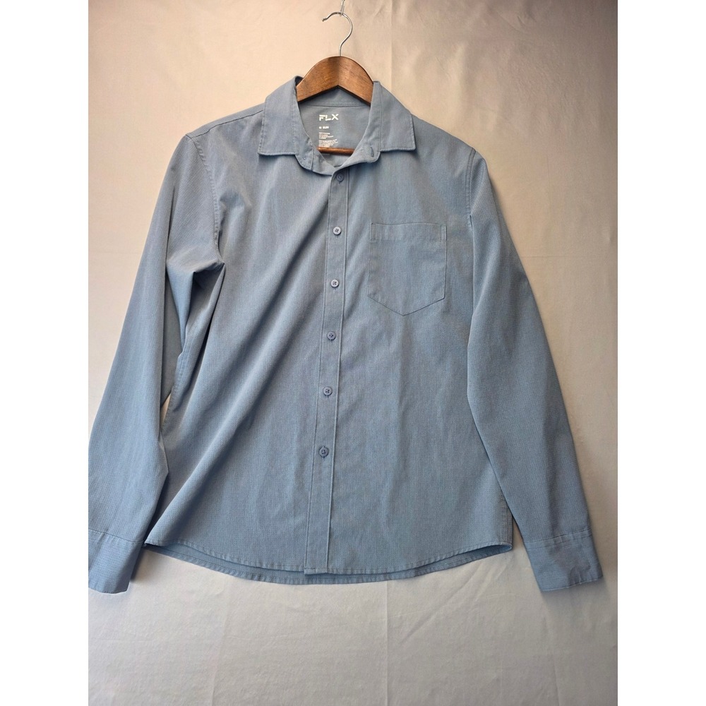 FLX Mens Slim Fit Long Sleeve Button Down Shirt Blue Stretch Size Medium